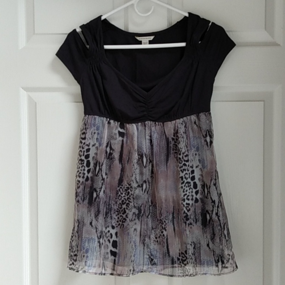 Boston Proper top  Size XS blues black sheer animal print